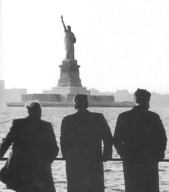 Soviet Premier Mikhail Gorbachev (left) viewed the Statue of Liberty with outgoing President Ronald Reagan (center), and President-elect George H.W. Bush (right) during a visit to the U.S. in December 1988.